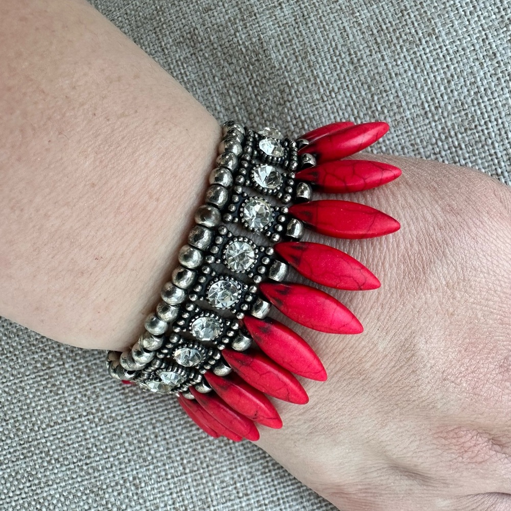 Bold Red Beaded Bracelet with Rhinestone Accents